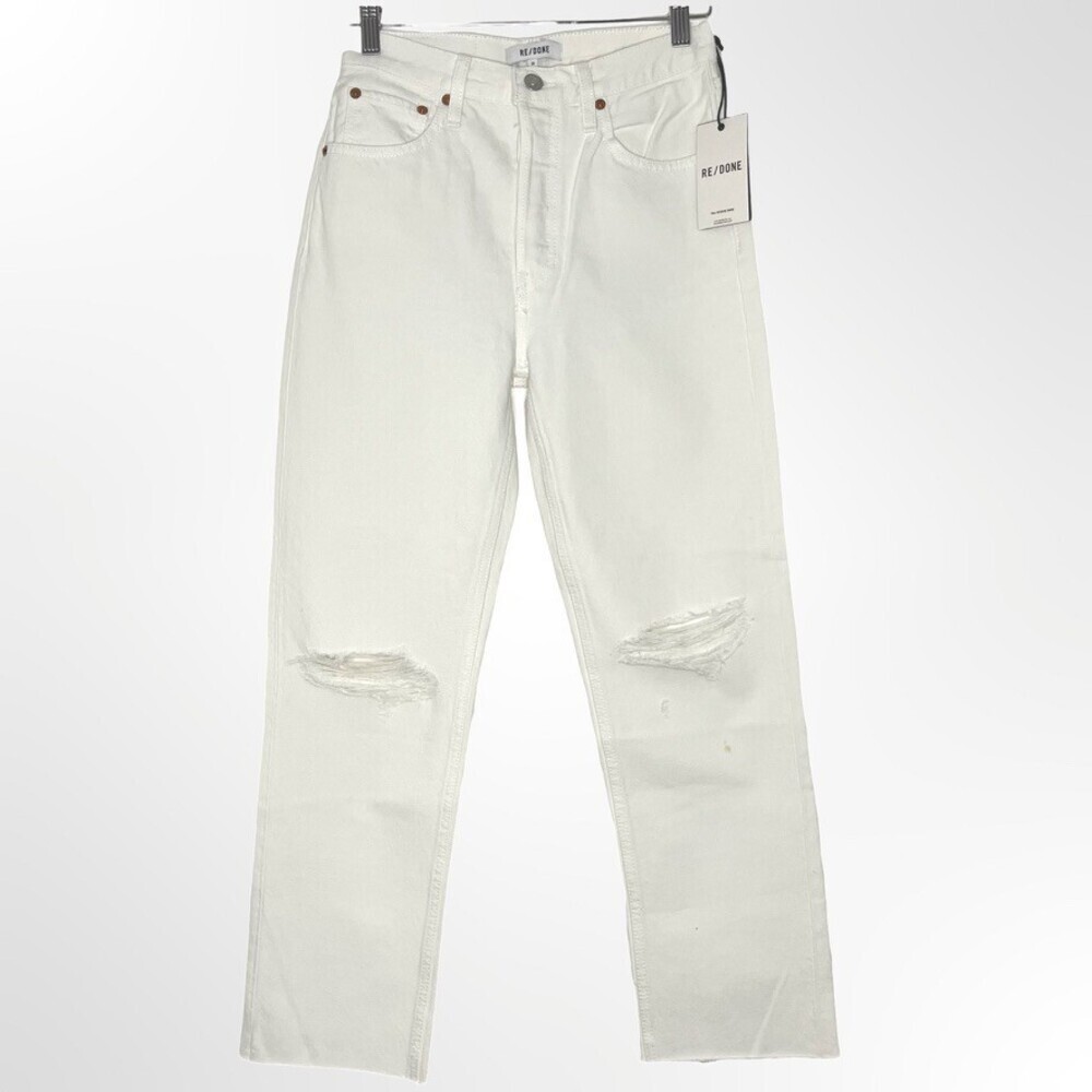 Re/Done 70s Stove Pipe Women Jeans 25 White Cotton Distressed Raw Hem Button Fly